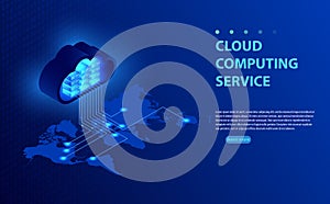 Isometric vector illustration showing concept cloud computing. From the cloud in world map.