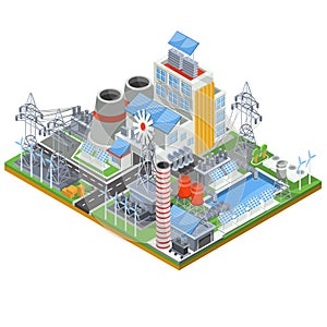 Isometric vector illustration of a thermal thermal power plant running on alternative sources of energy.