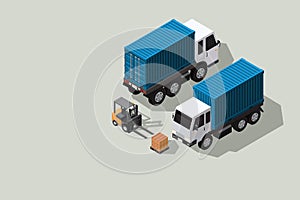 Isometric vector illustration warehouse where goods are stored on pallets with cargo container truck and forklift isolated on pale