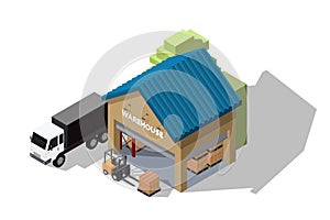 Isometric vector illustration warehouse where goods are stored on pallets and racks with cargo container truck and forklift