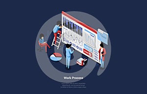 Isometric Vector Illustration Of Working Process Concept. 3D Cartoon Design Composition, Group Of Male And Female