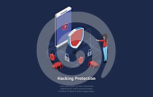 Isometric Vector Illustration With Writing. Conceptual Composition In Cartoon 3D Style. Hacking Protection, Cyber Shield