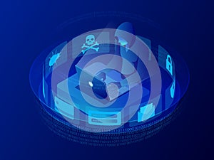 Isometric vector Internet hacker attack and personal data security concept. Computer security technology. E-mail spam