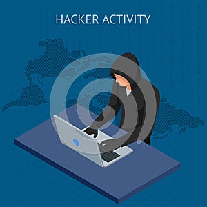 Isometric vector Internet hacker attack and personal data security concept. Computer security technology. E-mail spam