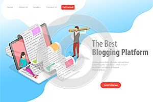 Isometric vector landing page for creative blogging, commercial blog posting.