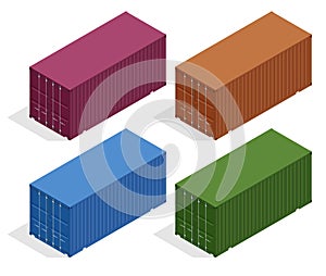 Isometric vector large metal containers for transportation. Closed doors with cardboard boxes. Delivery of cargo