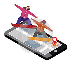 Isometric vector man and woman hav boarding in city. Urban style and hot tricks in park. Videos and photos keeped in