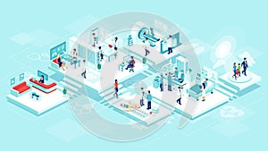 Isometric vector of a medical clinic hospital inpatient care with rooms, patients, doctors and nurses.