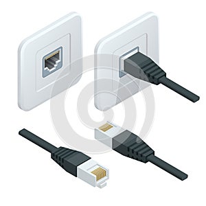 Isometric Vector network socket icon. LAN cable network internet. photo