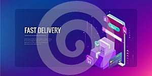 Isometric vector Online shopping concept. Landing page template. Modern ultraviolet design for a web page. Sale