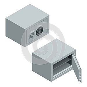 Isometric vector Open and closed metal bank security safe