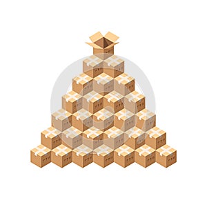 Isometric Vector Packages. Whole Pile of Taped Parcels. Pyramid of Cardboard Boxes Isolated on White