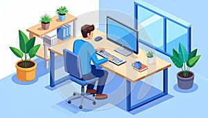 Isometric vector person typing on a computer in a clean workspace. Generative AI