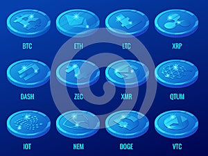 Isometric Vector set of Cryptocurrency coins with Bitcoin, ETH, LTC, XRP, DASH, ZEC, XMR, QTUM, IOT, NEN, DOGE, VTC