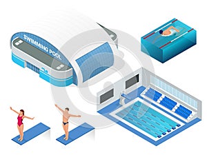 Isometric vector set of modern building swimming pool for water sports, swimming pool, swimmers elements icons. Health