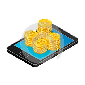 Isometric vector smartphone with gold bitcoin coins. Crypto currency digital illustration. Virtual cash, web money