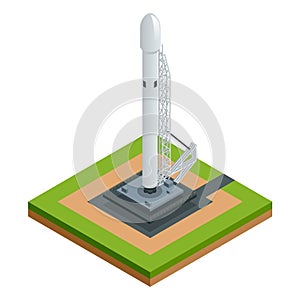 Isometric vector space rocket on white the two-stage-to-orbit rocket spaceship on starting platform