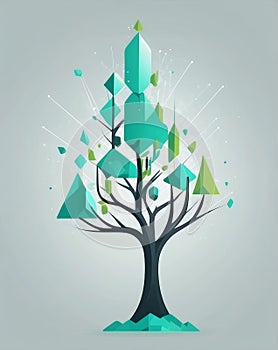Isometric Vector Tree with Upward Arrow Charts and Data Network Lines