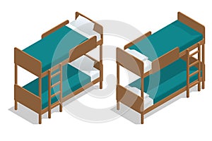 Isometric vector wooden two-storeyed bed separately on a white background. Living-room in a hostel with two bunk beds