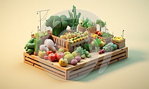isometric vegetables in wooden crate