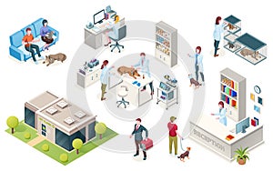 Isometric veterinarian clinic, pets and doctors