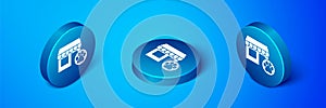 Isometric Veterinary medicine hospital, clinic or pet shop for animals icon isolated on blue background. Vet or