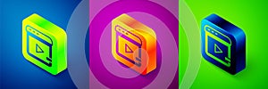 Isometric Video advertising icon isolated on blue, purple and green background. Concept of marketing and promotion