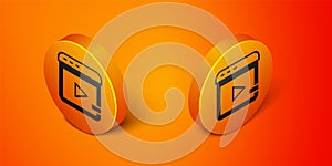 Isometric Video advertising icon isolated on orange background. Concept of marketing and promotion process. Responsive