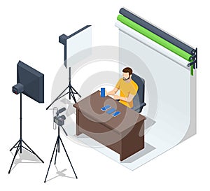 Isometric Video Blogger Recording Video With Camera. Journalist. Tutorial Blogger, Blog Online, Web Vlogger. Online