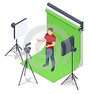 Isometric Video Blogger Recording Video With Camera. Journalist. Tutorial Blogger, Blog Online, Web Vlogger. Online