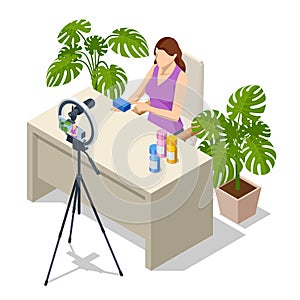 Isometric Video Blogger Recording Video With Camera. Tutorial Blogger, Blog Online, Web Vlogger. Online Influencer