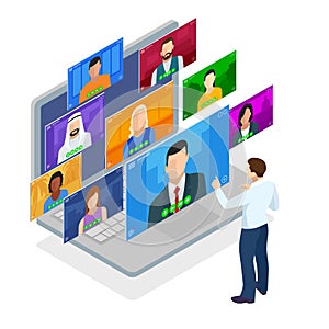 Isometric video conference. Group Corporate Video Conference. Online meeting work form home. Home office. Remote project