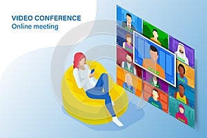 Isometric video conference. Online meeting work form home. Home office. Multiethnic business team. Stay at home and work