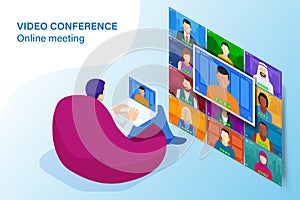 Isometric video conference. Online meeting work form home. Home office. Multiethnic business team. Stay at home and work