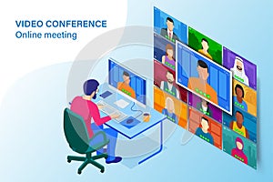 Isometric video conference. Online meeting work form home. Home office. Multiethnic business team. Stay at home and work