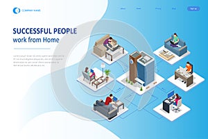 Isometric video conference. Working at home, coworking space. Online meeting work form home. Home office.