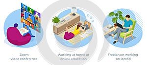 Isometric video conference. Working at home, coworking space. Online meeting work form home. Home office. Working at