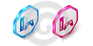 Isometric Video game console with joystick icon isolated on white background. Hexagon button. Vector