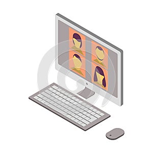 Isometric videoconference icon.Isometric workplace vector illustration isolated on white background.