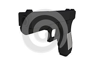 Isometric view of black semi automatic 9x19 handgun isolated on white background.