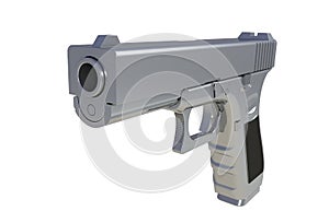 Isometric view of chromium semi automatic 9x19 handgun isolated