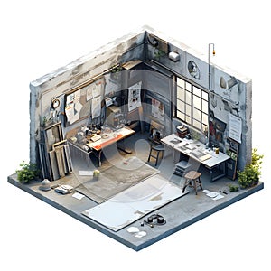 Isometric view of a cluttered workshop interior