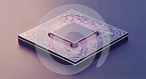 Isometric view of a computer processor chip with glowing circuits microchip technology