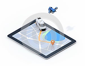 Isometric view of delivery drone and van on digital tablet computer