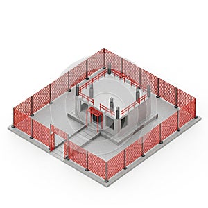 Isometric View of a Small Construction Site with Red Safety Fencing and Building Structure