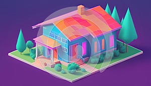 Isometric view of a detached single-family house in very colorful color combinations of the eighties