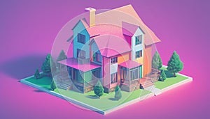 Isometric view of a detached single-family house in very colorful color combinations of the eighties