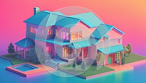 Isometric view of a detached single-family house in very colorful color combinations of the eighties