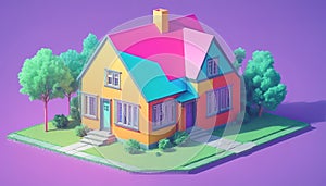 Isometric view of a detached single-family house in very colorful color combinations of the eighties