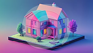 Isometric view of a detached single-family house in very colorful color combinations of the eighties